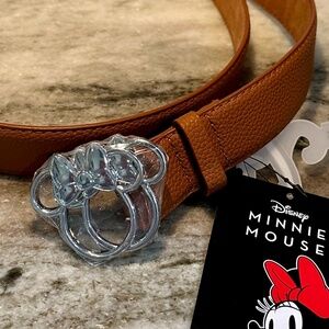 Disney MINNIE MOUSE Faux Brown Leather BELT Silver Head Icon Buckle Size M Bow